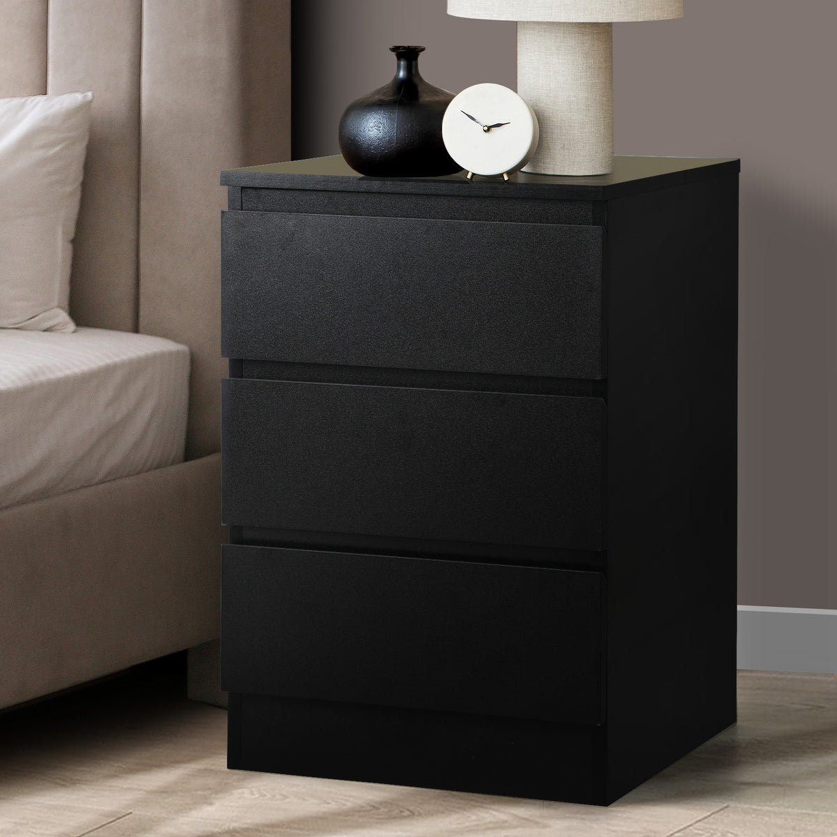 Oikiture Bedside Table 3 Drawers Side Tables Storage Cabinet Nightstand Black - Sunyee