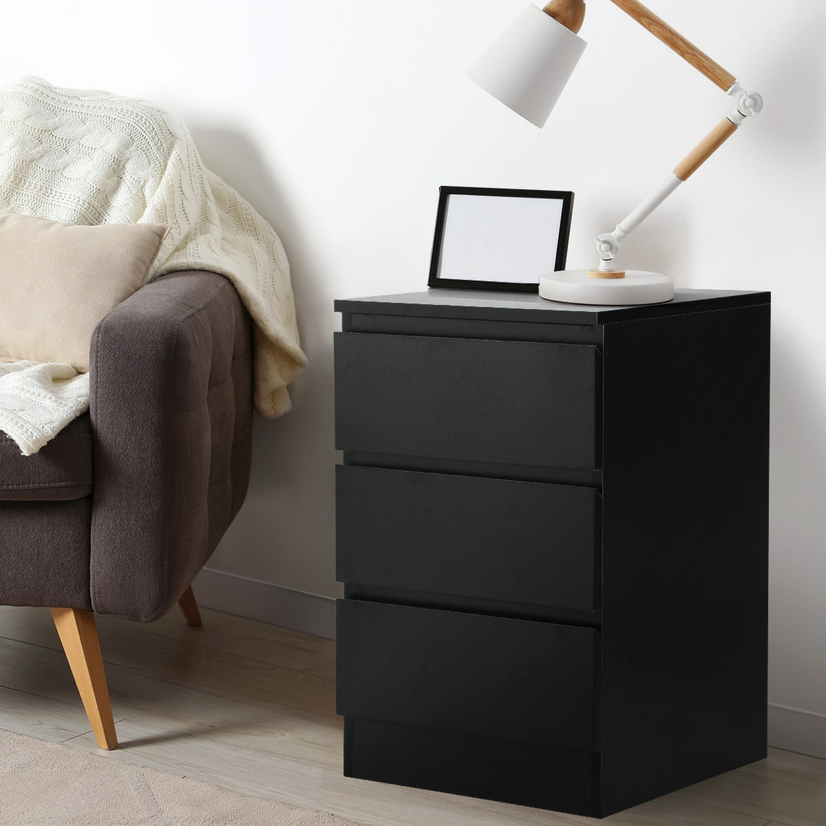 Oikiture Bedside Table 3 Drawers Side Tables Storage Cabinet Nightstand Black - Sunyee