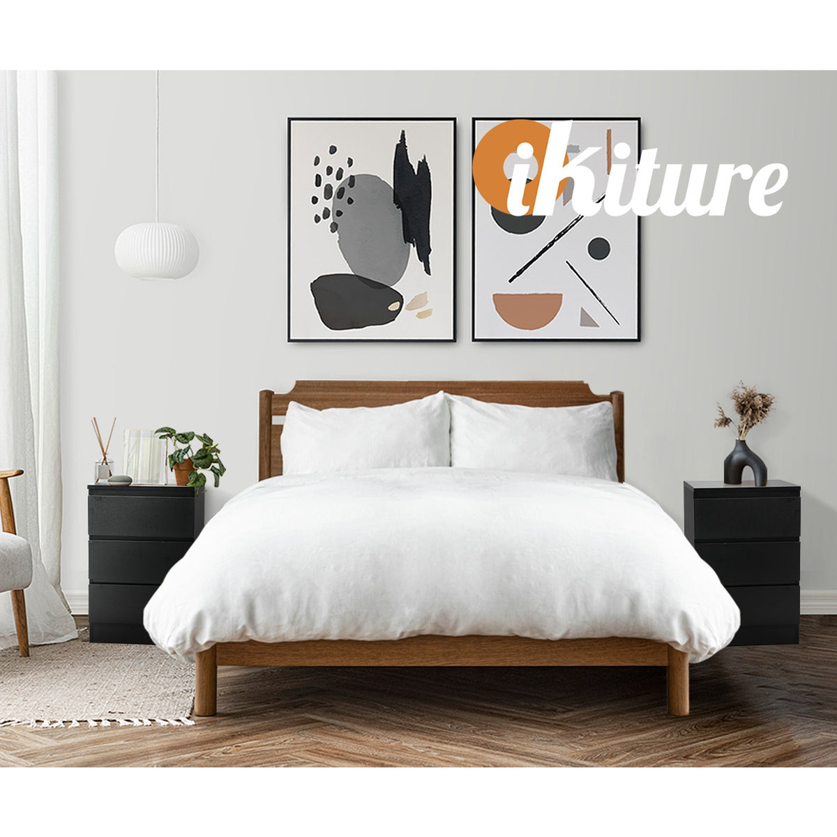 Oikiture Bedside Table 3 Drawers Side Tables Storage Cabinet Nightstand Black - Sunyee
