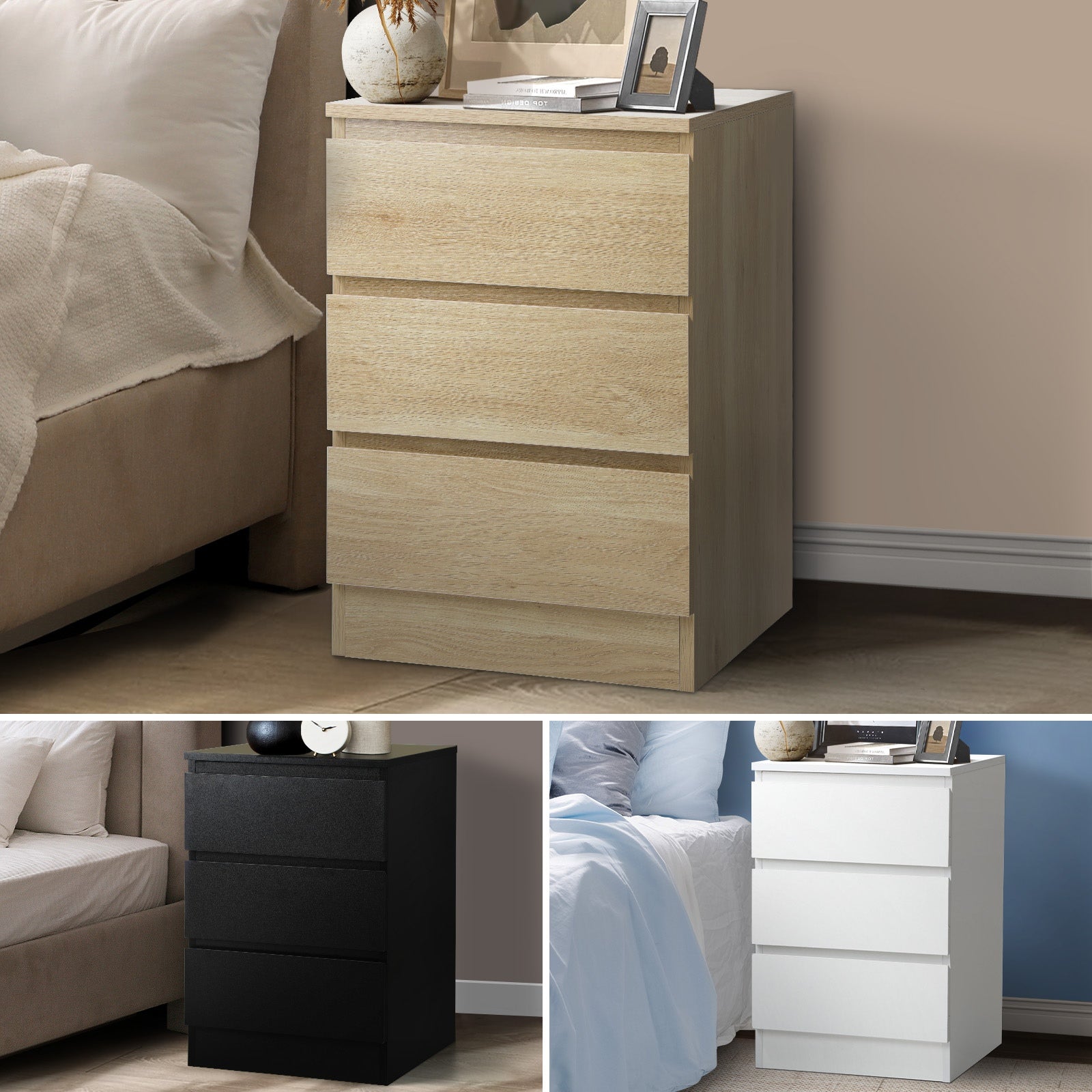 Oikiture Bedside Table 3 Drawers Side Tables Storage Cabinet Nightstand - Sunyee