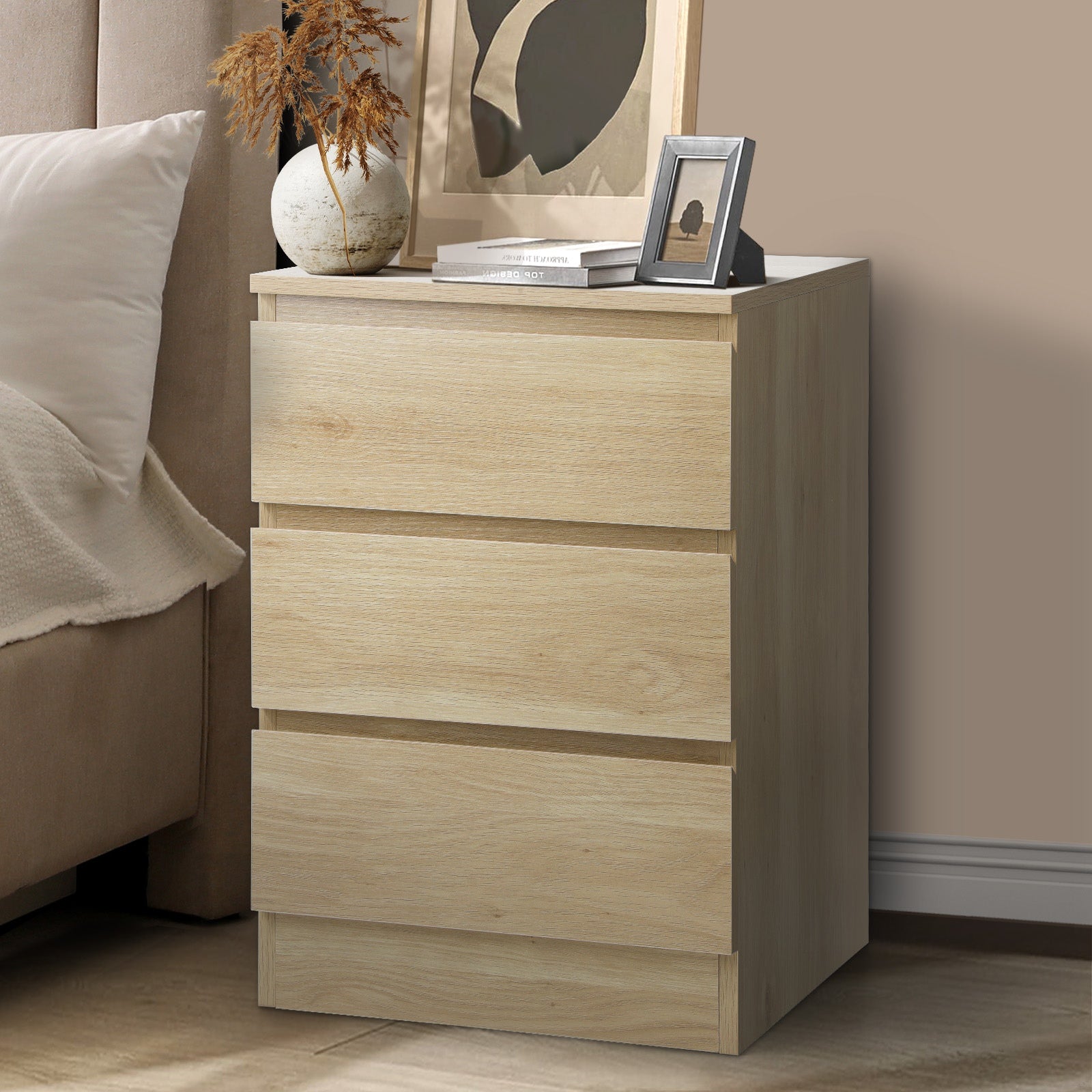 Oikiture Bedside Table 3 Drawers Side Tables Storage Cabinet Nightstand Natural - Sunyee