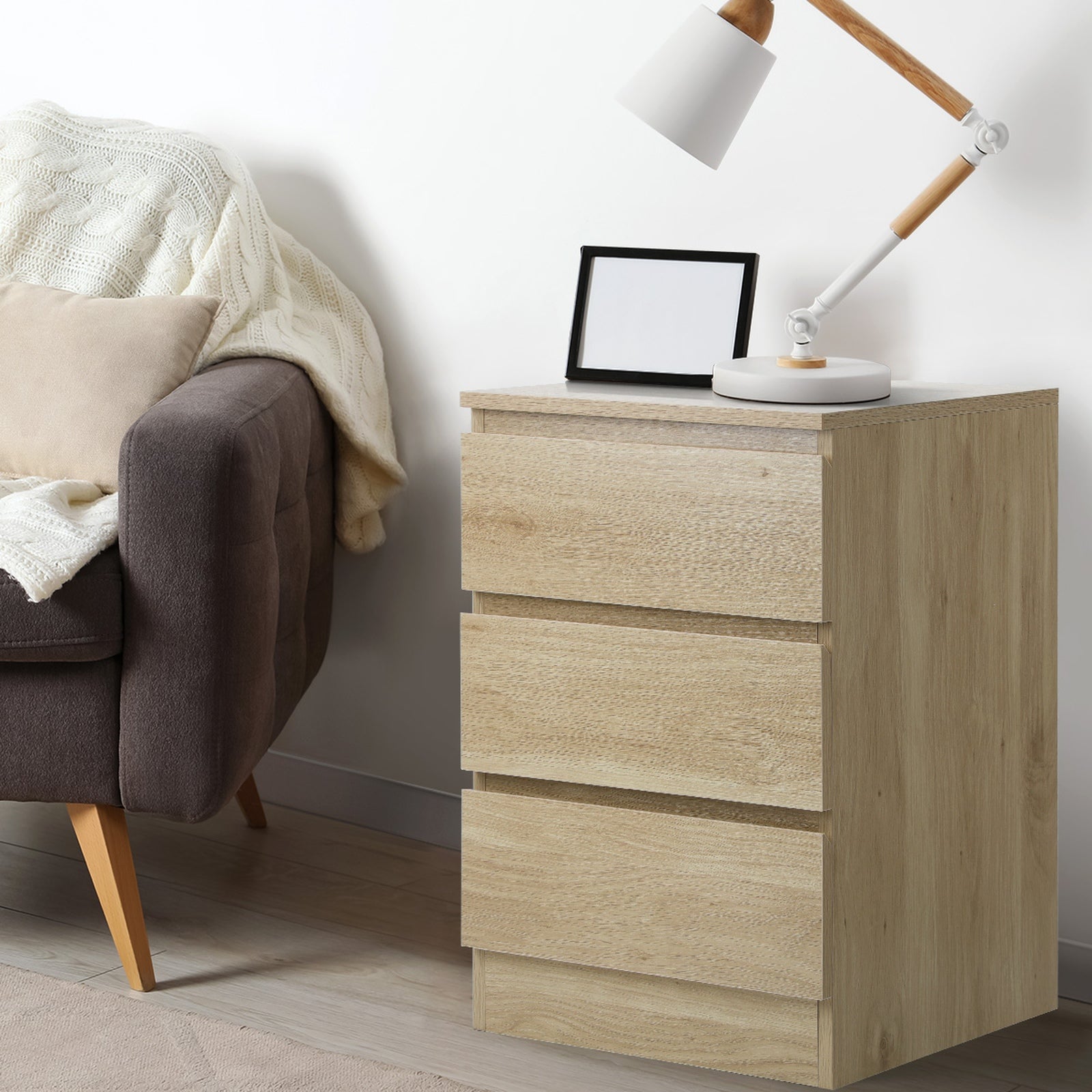 Oikiture Bedside Table 3 Drawers Side Tables Storage Cabinet Nightstand Natural - Sunyee