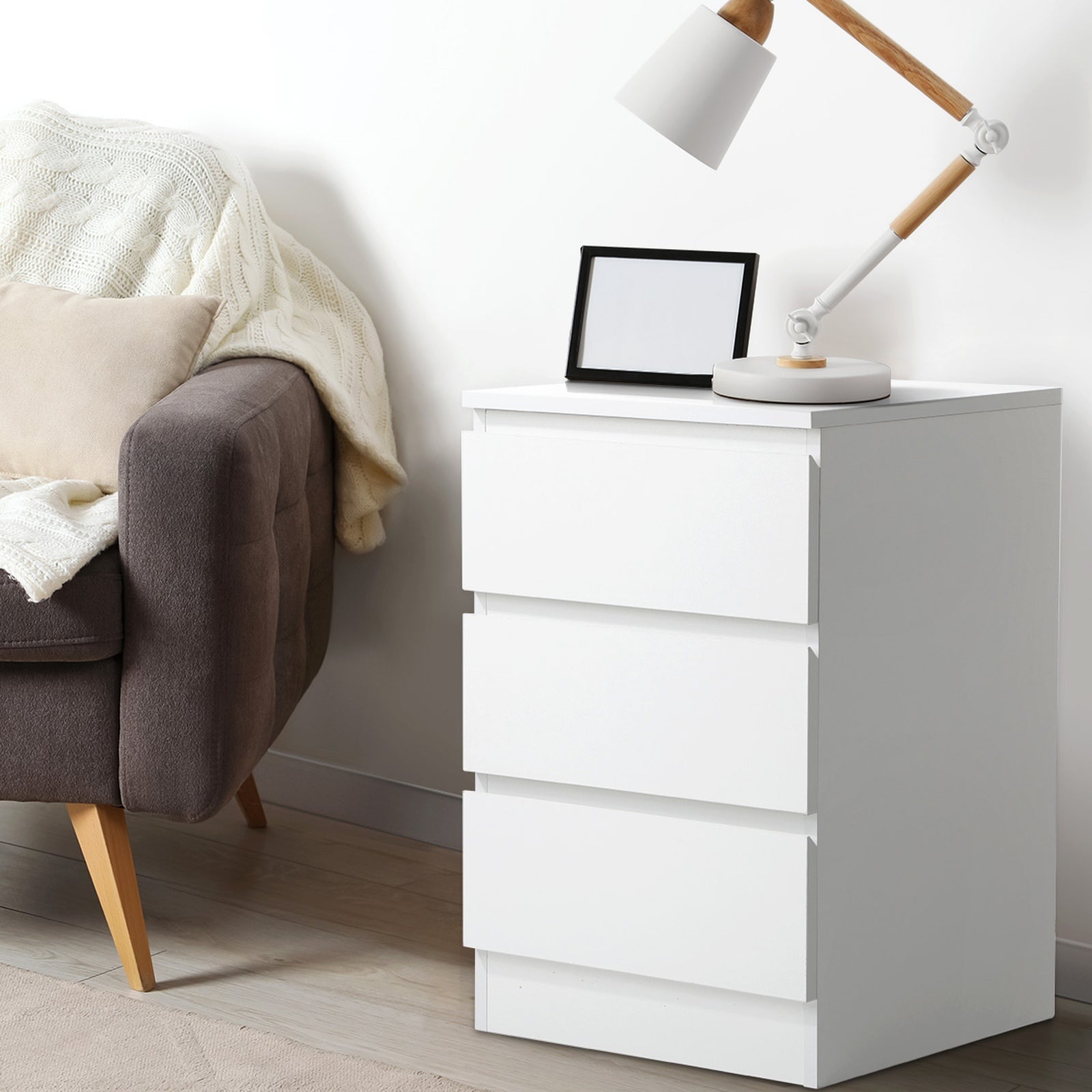 Oikiture Bedside Table 3 Drawers Side Tables Storage Cabinet Nightstand White - Sunyee
