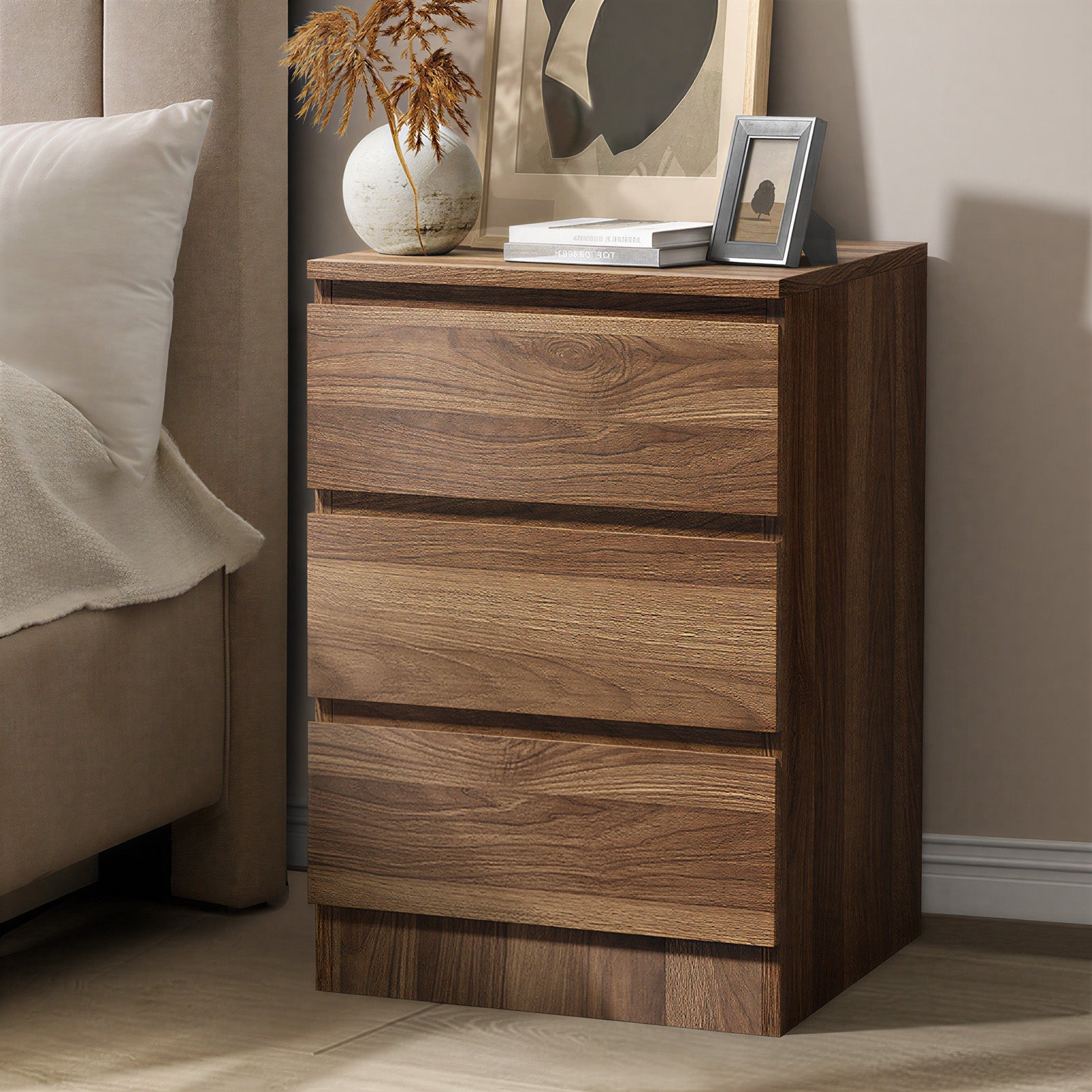 Oikiture Bedside Table 3 Drawers Side Tables Storage Cabinet Nightstand Walnut - Sunyee