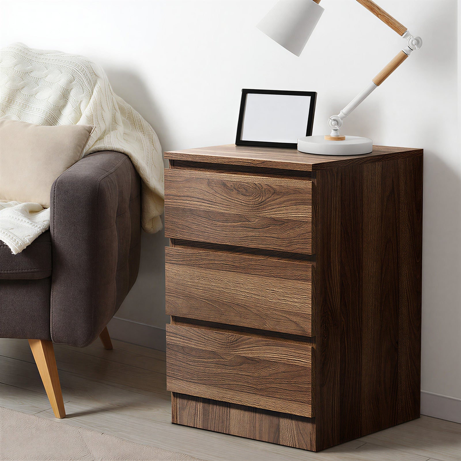 Oikiture Bedside Table 3 Drawers Side Tables Storage Cabinet Nightstand Walnut - Sunyee