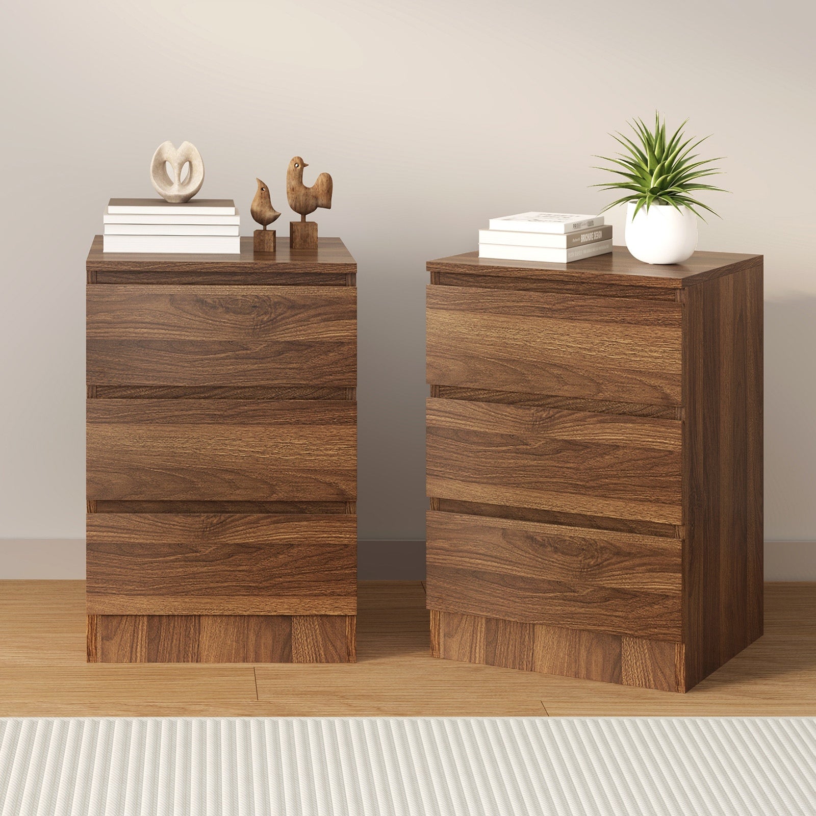 Oikiture 2x Bedside Table 3 Drawers Side End Table Storage Cabinet Walnut - Sunyee
