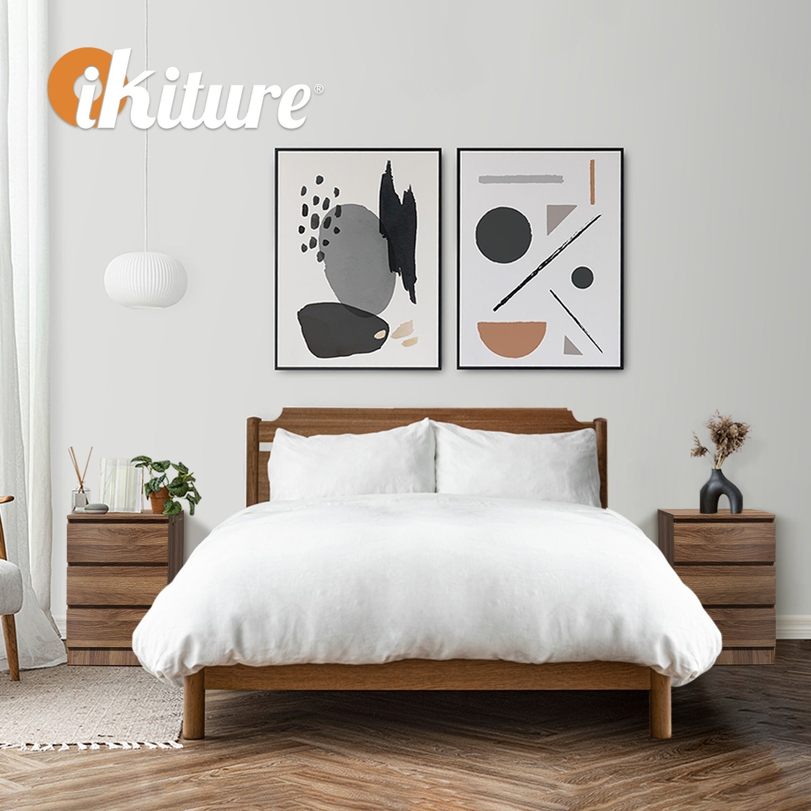 Oikiture 2x Bedside Table 3 Drawers Side End Table Storage Cabinet Walnut - Sunyee