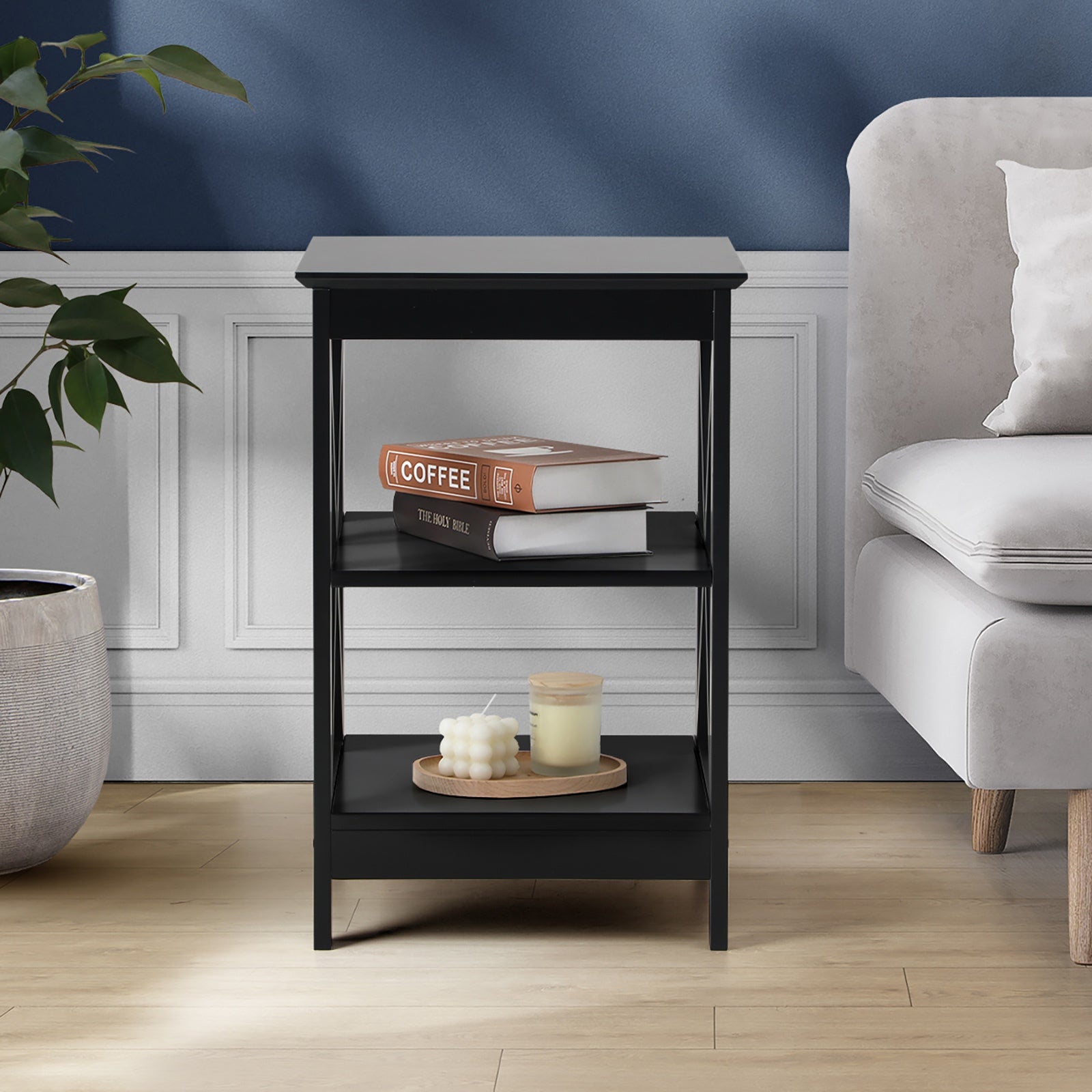 Oikiture 2x Side Table Coffee Bedside Sofa End Tables 3-tier Shelf Black - Sunyee