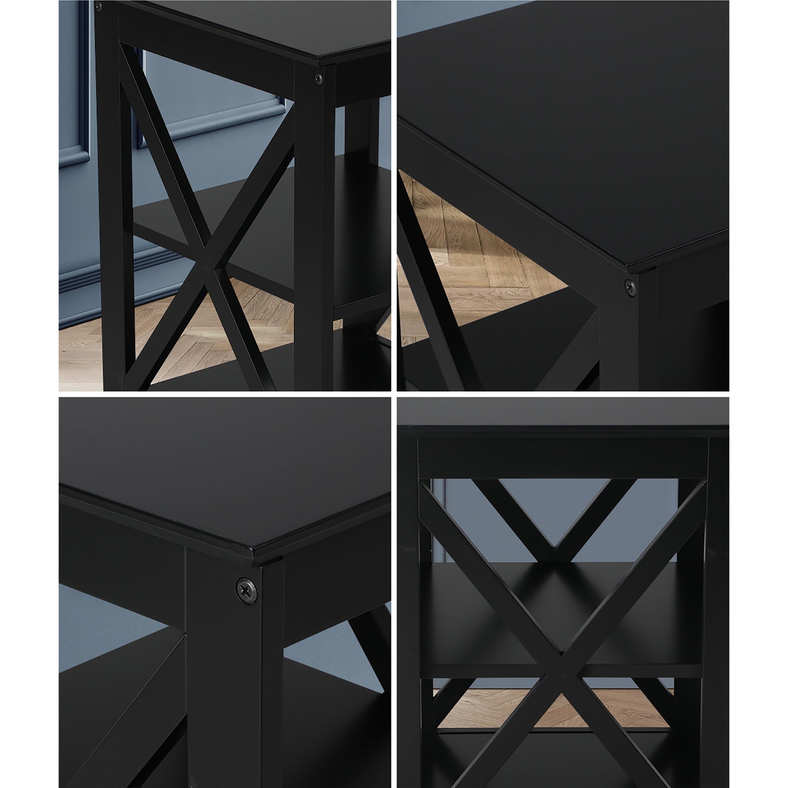 Oikiture 2x Side Table Coffee Bedside Sofa End Tables 3-tier Shelf Black - Sunyee