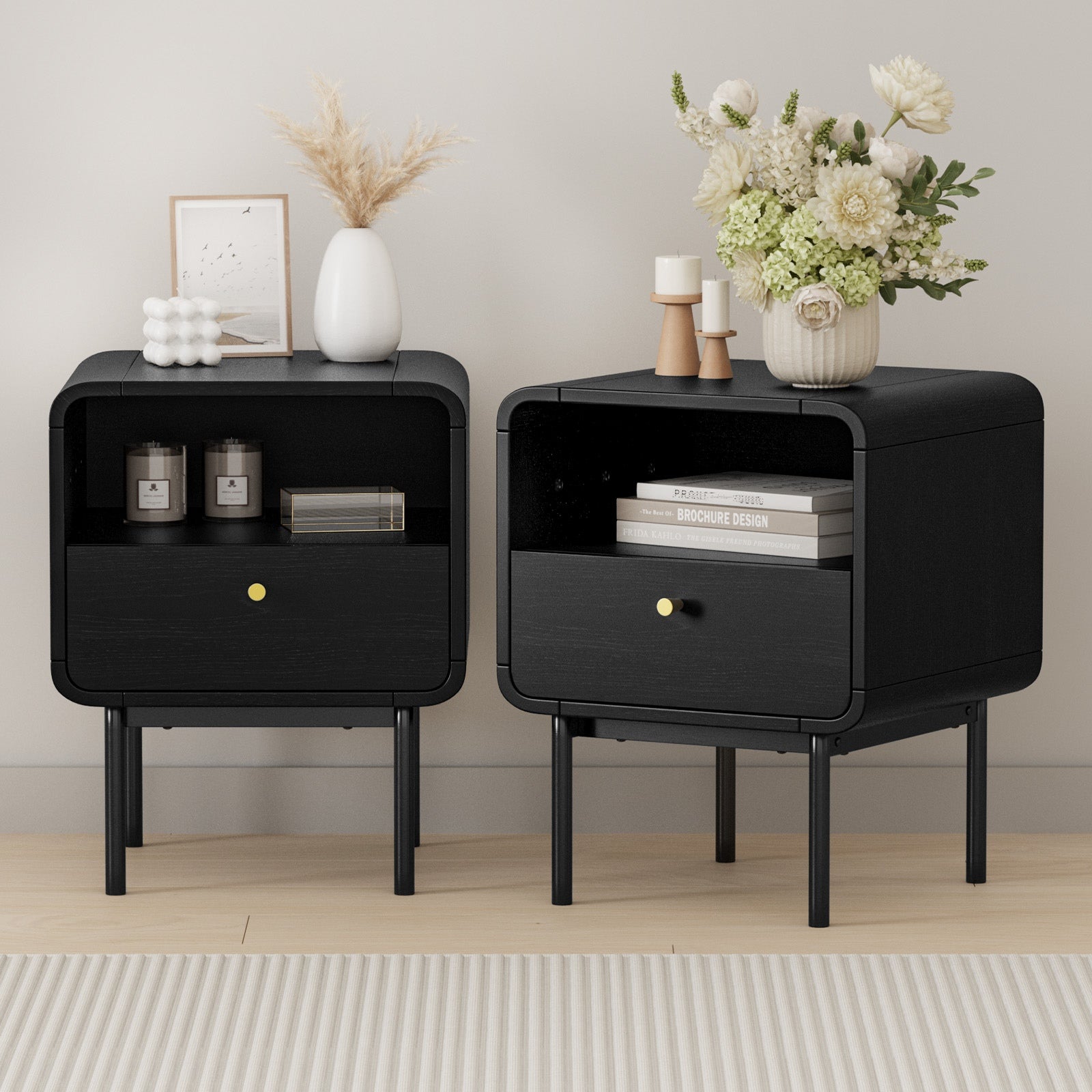 Oikiture 2x Bedside Table 1 Drawers 1 Shelf Nightstand Bedroom Storage Black - Sunyee