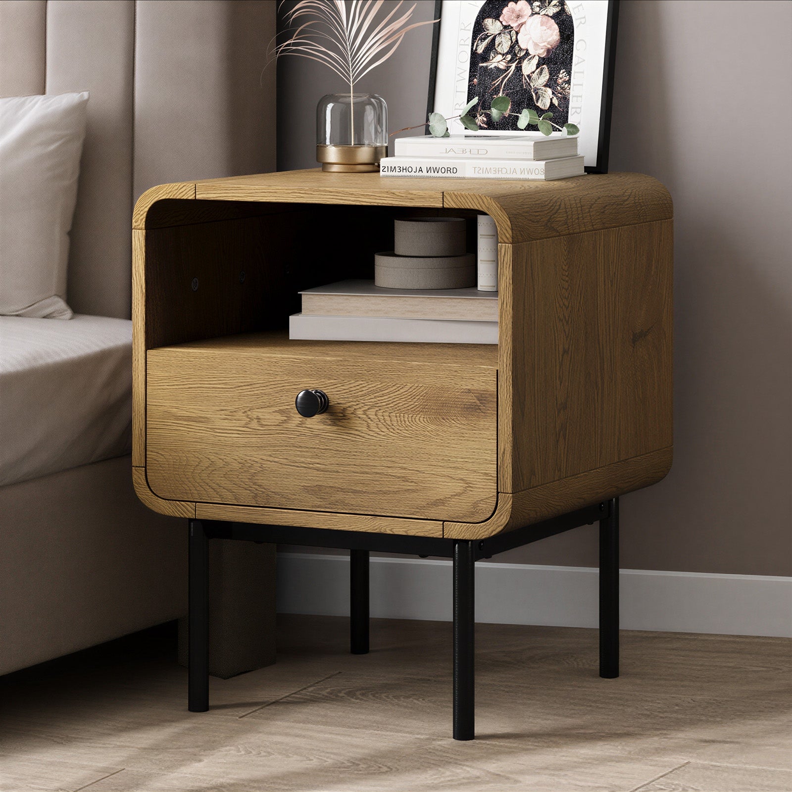 Oikiture Bedside Table Side Table Bedroom Storage Nightstand Metal Natural - Sunyee