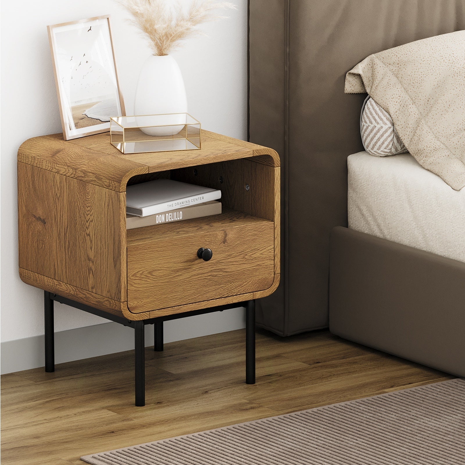 Oikiture 2x Bedside Table 1 Drawers 1 Shelf Nightstand Bedroom Storage Natural - Sunyee