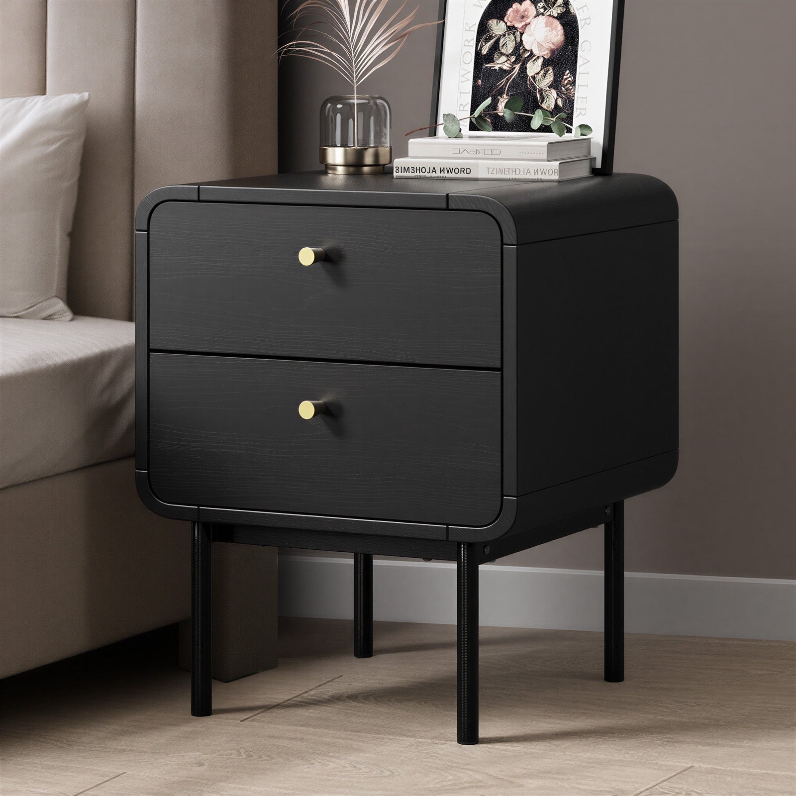 Oikiture Bedside Table 2 Drawers Side Table Bedroom Nightstand Metal Black - Sunyee