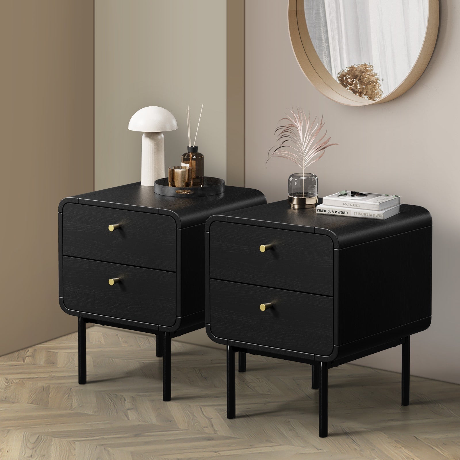 Oikiture 2x Bedside Table 2 Drawers Side Table Bedroom Nightstand Metal Black - Sunyee