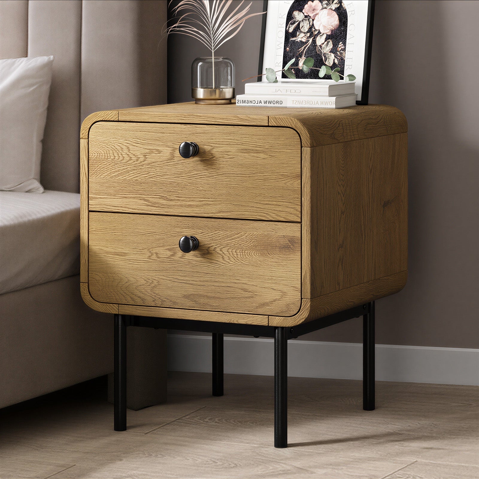 Oikiture Bedside Table 2 Drawers Side Table Bedroom Nightstand Metal Natural - Sunyee