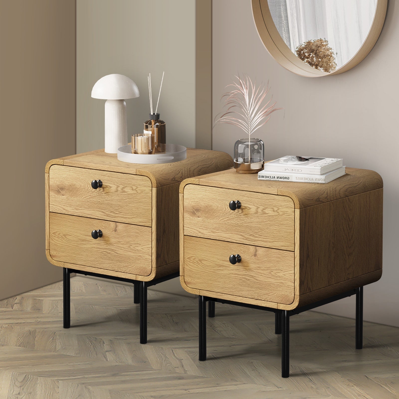 Oikiture 2x Bedside Table 2 Drawers Side Table Bedroom Nightstand Metal Natural - Sunyee