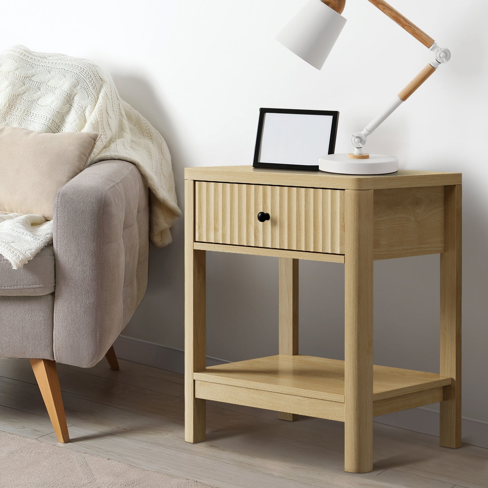 Oikiture Bedside Table Drawer Side End Table Shelfs Storage Nightstand Natural - Sunyee