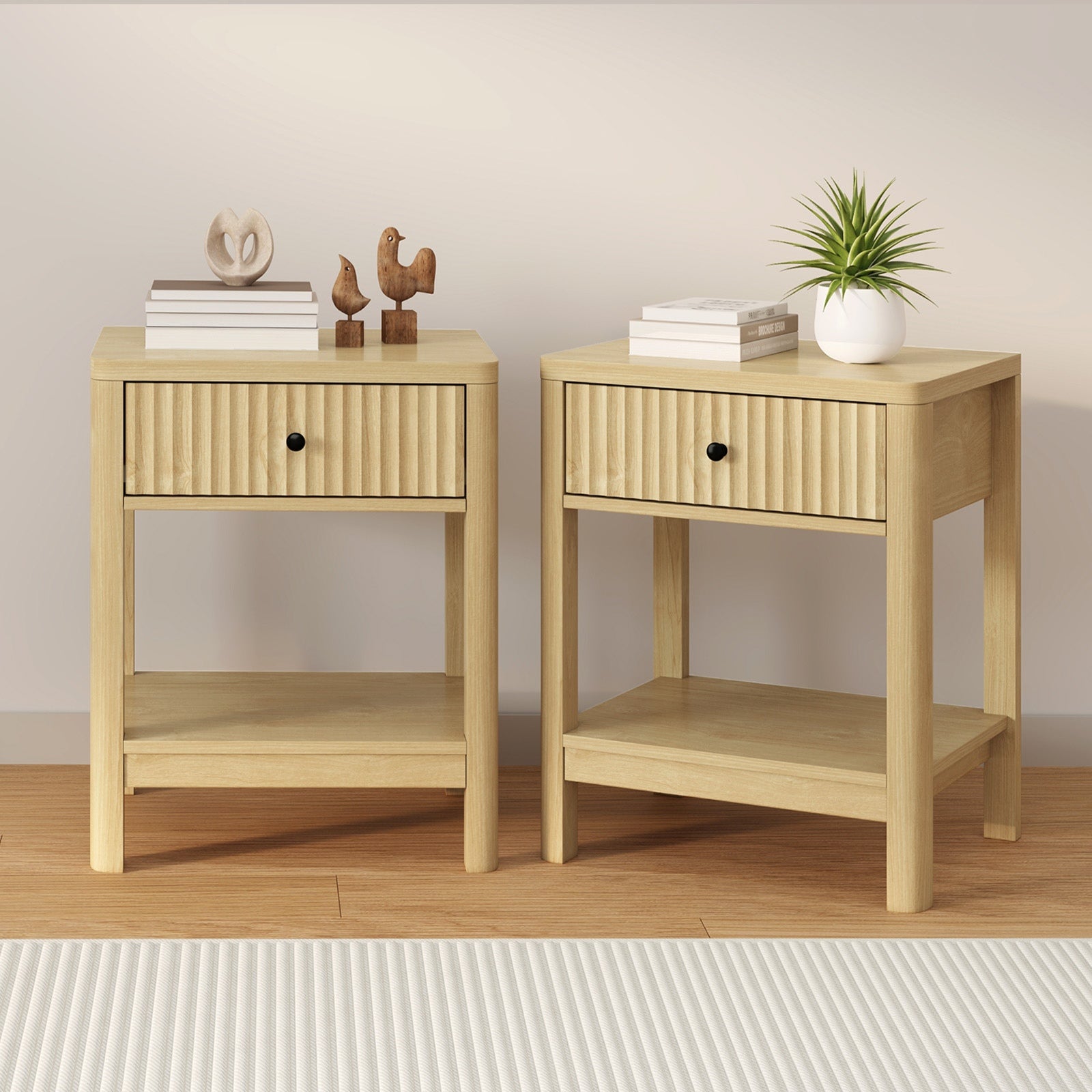 Oikiture 2x Bedside Table Drawer Side End Table Storage Nightstand Natural - Sunyee