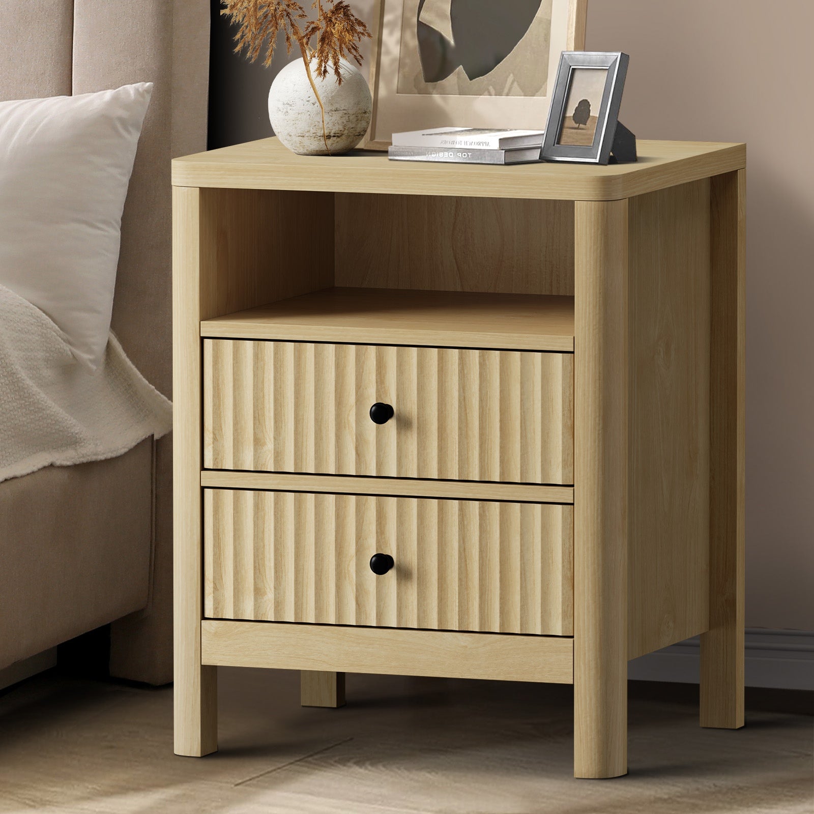 Oikiture Bedside Table 2 Drawers Side End Tables Nightstand Open Shelf Natural - Sunyee