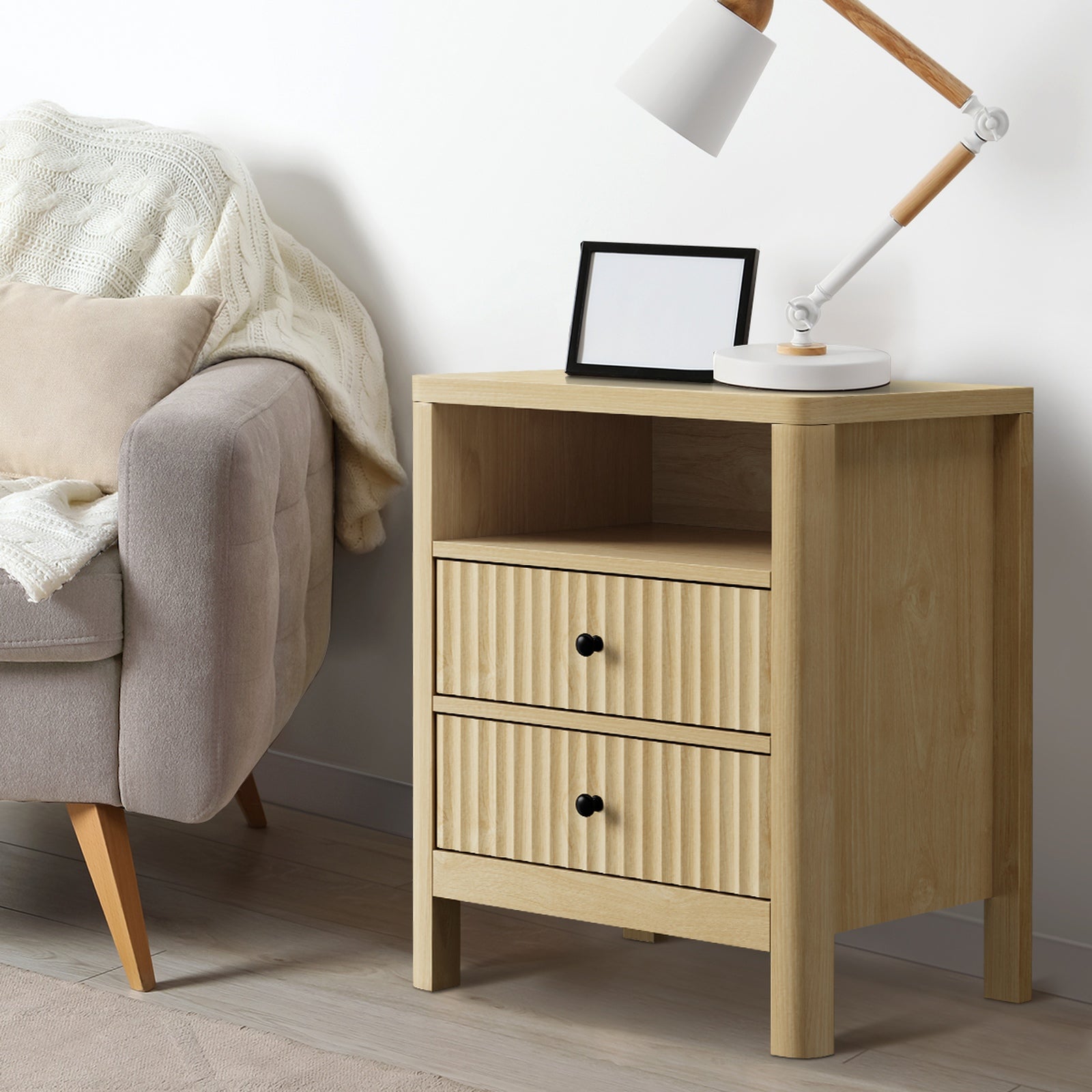 Oikiture Bedside Table 2 Drawers Side End Tables Nightstand Open Shelf Natural - Sunyee