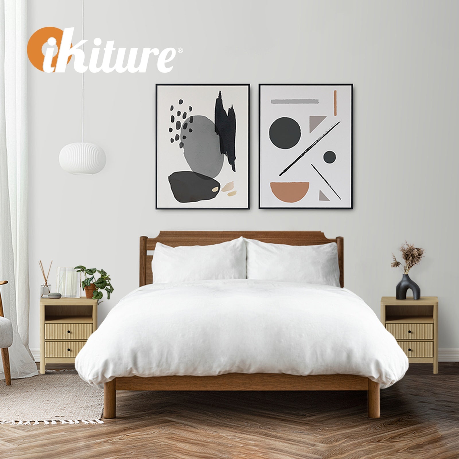 Oikiture Bedside Table 2 Drawers Side End Tables Nightstand Open Shelf Natural - Sunyee