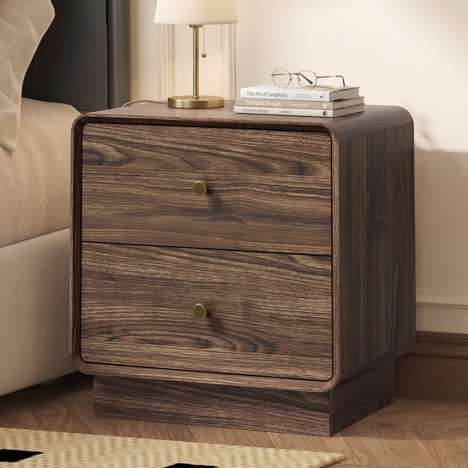 Oikiture Bedside Table 2 Drawers Nightstand Round Corner Storage Walnut