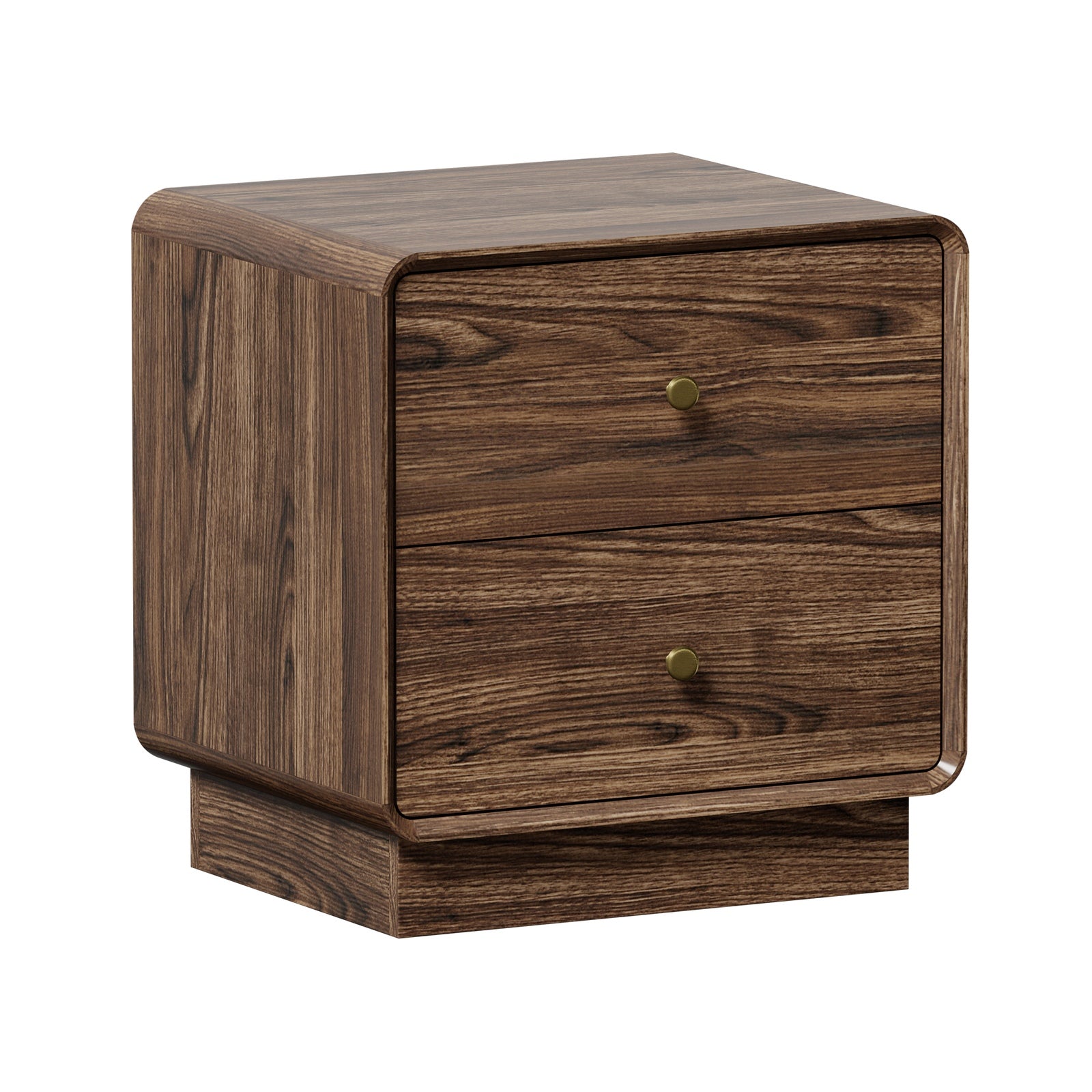 Oikiture Bedside Table 2 Drawers Nightstand Round Corner Storage Walnut