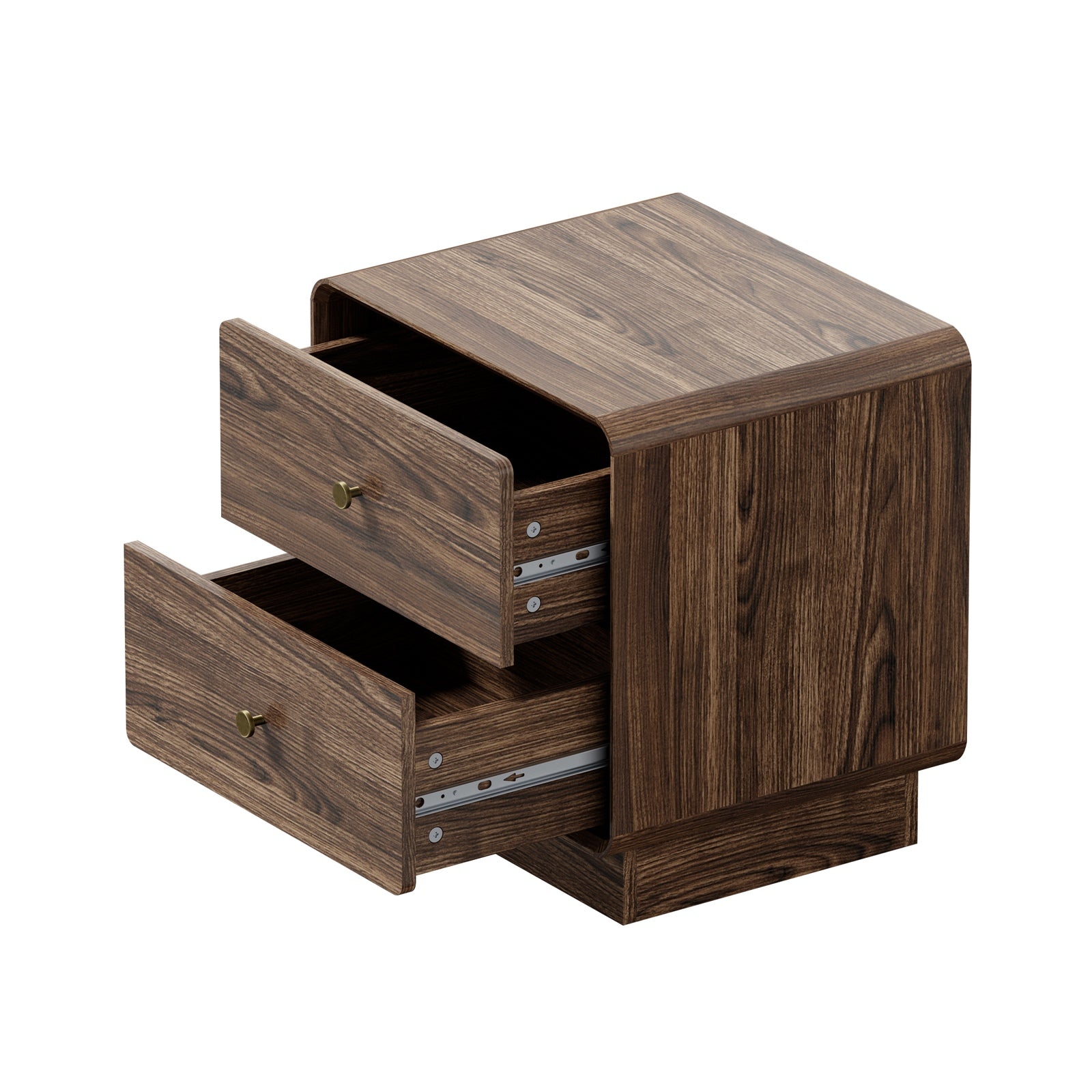 Oikiture Bedside Table 2 Drawers Nightstand Round Corner Storage Walnut