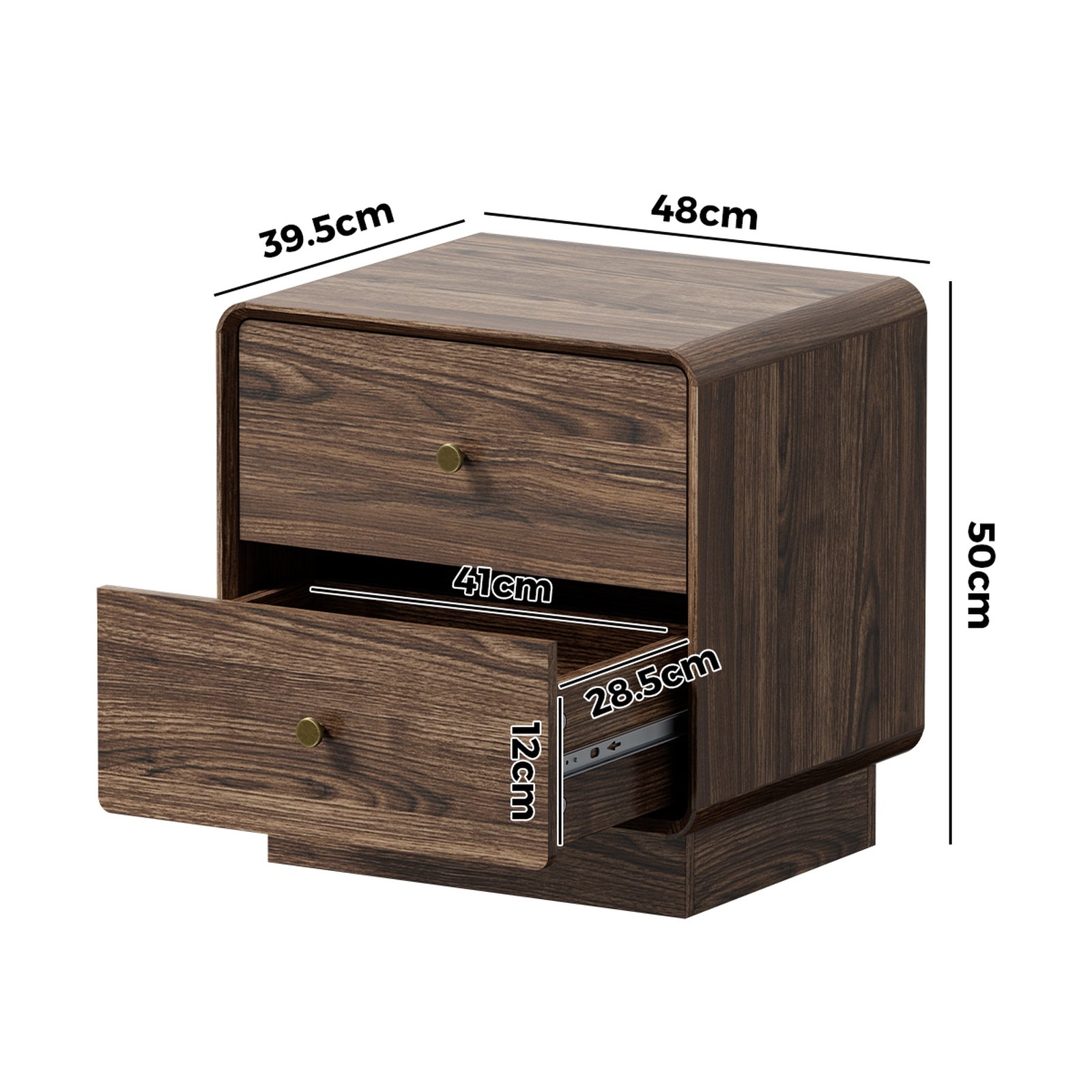 Oikiture Bedside Table 2 Drawers Nightstand Round Corner Storage Walnut