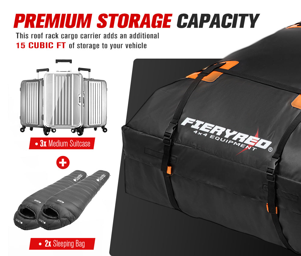 Fieryred Waterproof Car Roof Cargo Bag Luggage Storage 15 Cubic Feet Travel 4WD - Sunyee