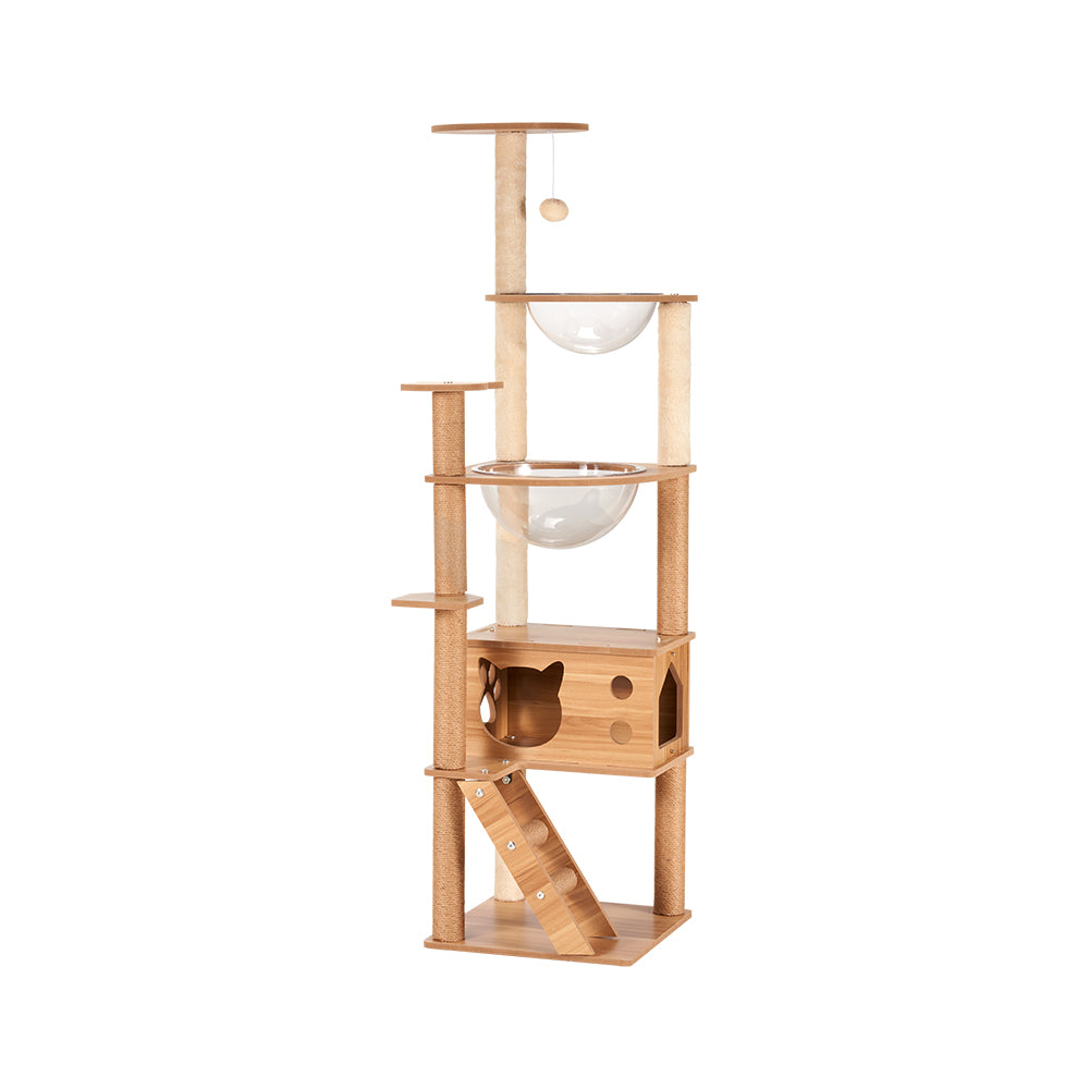 Petzly Wooden Cat Tree Tower Scratching Post Scratcher Condo House Bed 143/150cm - Sunyee
