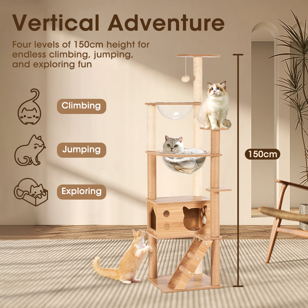 Petzly Wooden Cat Tree Tower Scratching Post Scratcher Condo House Bed 143/150cm - Sunyee