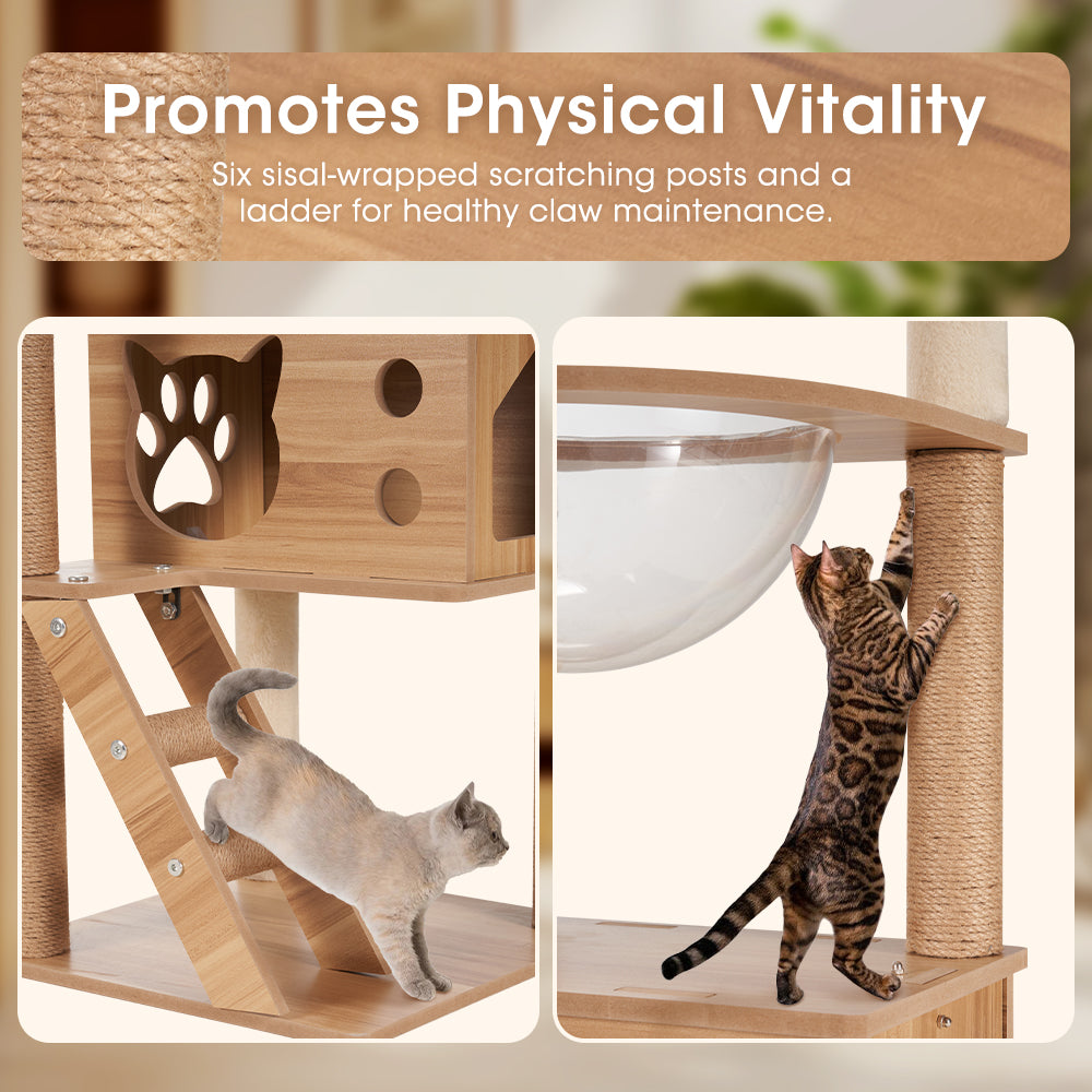 Petzly Wooden Cat Tree Tower Scratching Post Scratcher Condo House Bed 150cm - Sunyee