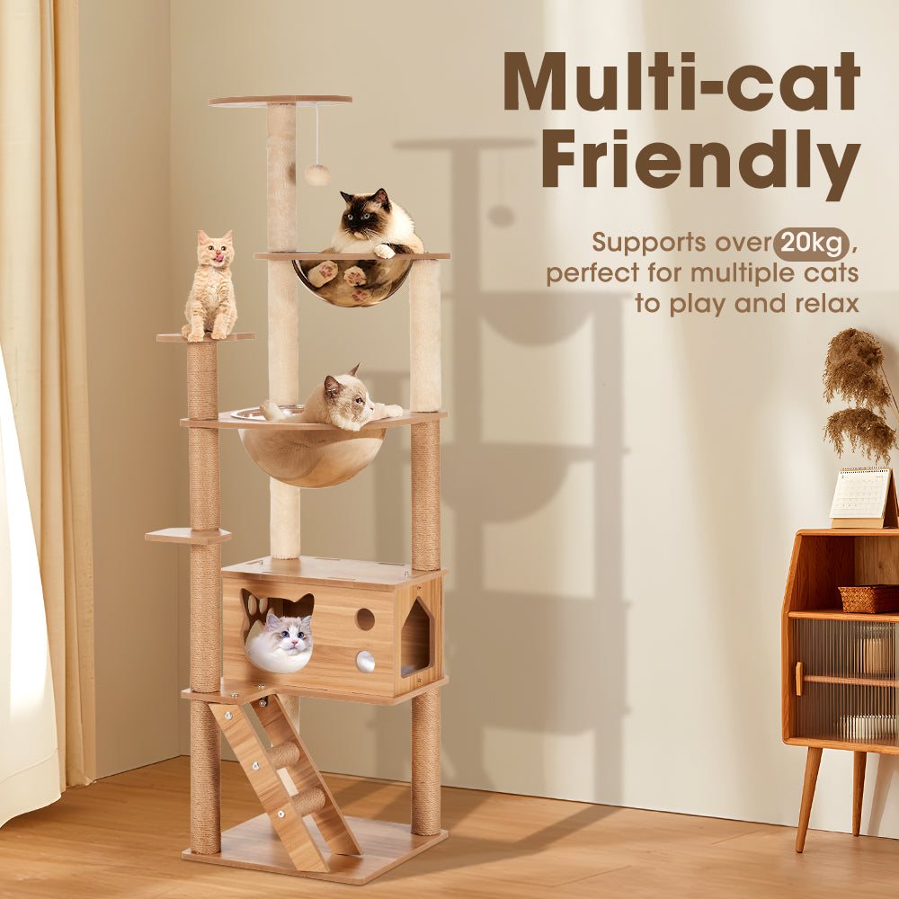Petzly Wooden Cat Tree Tower Scratching Post Scratcher Condo House Bed 143/150cm - Sunyee