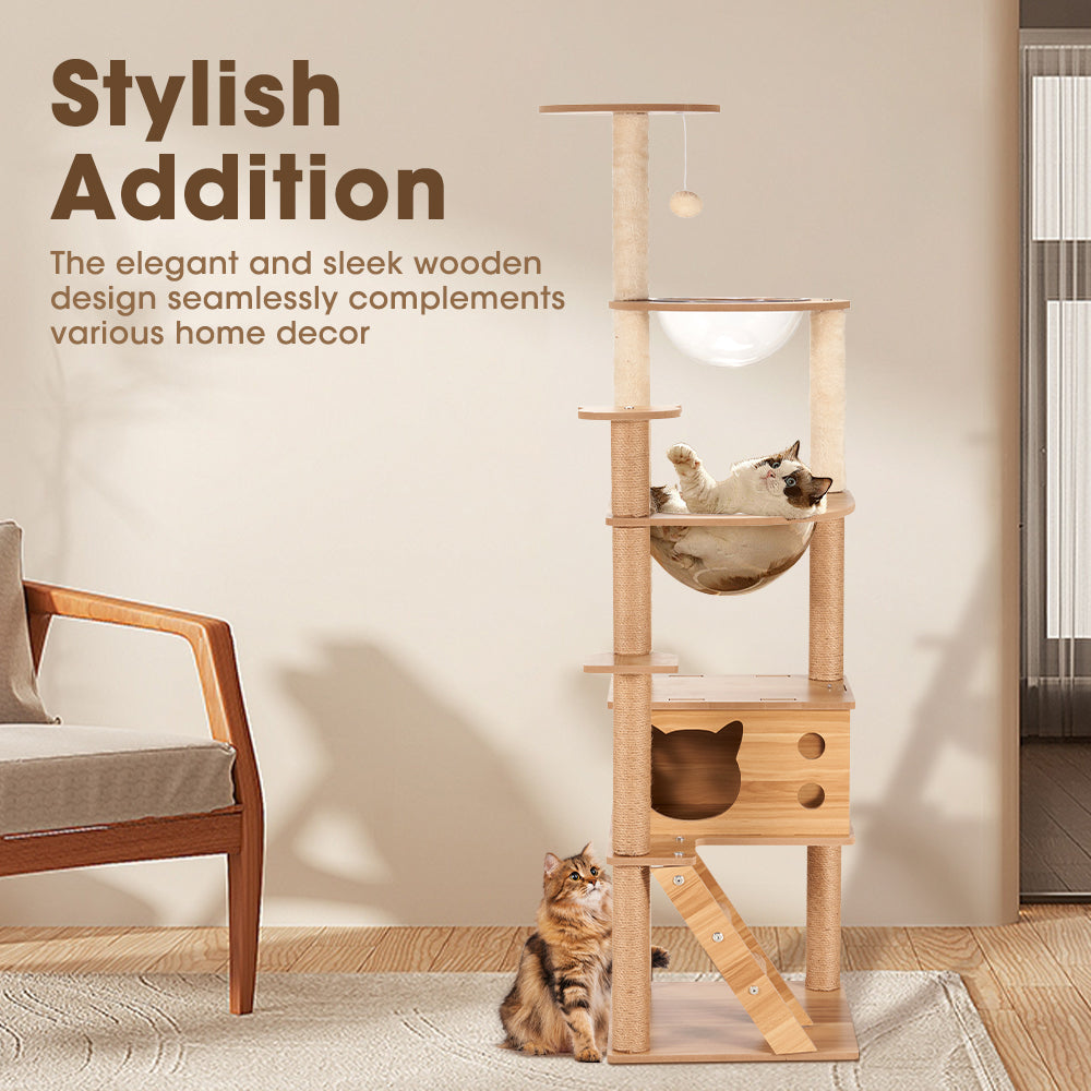 Petzly Wooden Cat Tree Tower Scratching Post Scratcher Condo House Bed 143/150cm - Sunyee