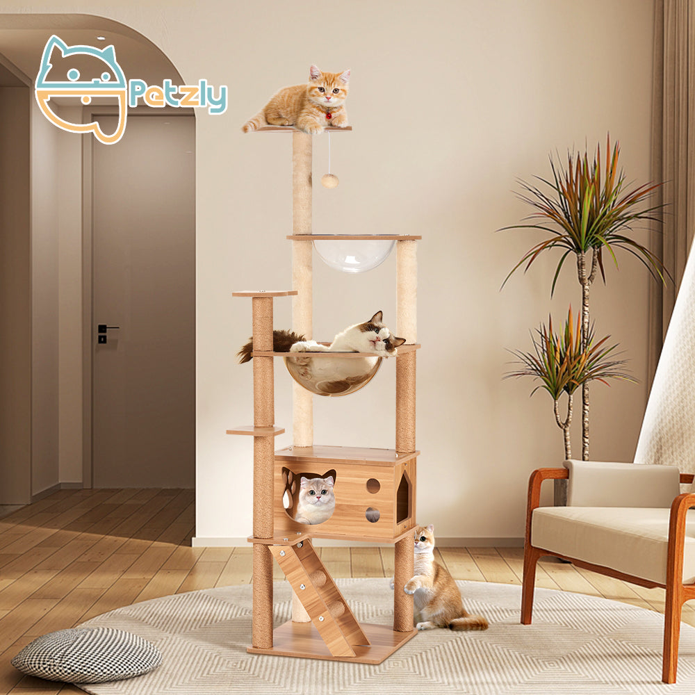 Petzly Wooden Cat Tree Tower Scratching Post Scratcher Condo House Bed 143/150cm - Sunyee