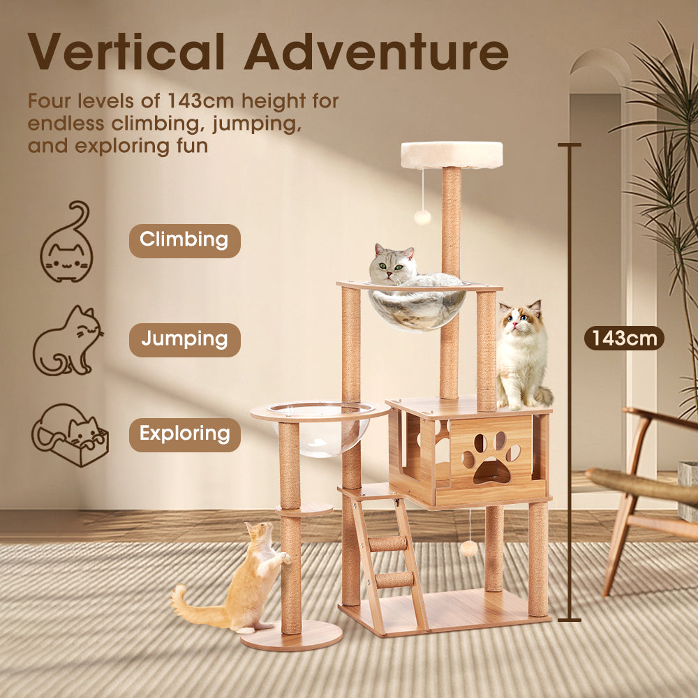 Petzly Wooden Cat Tree Tower Scratching Post Scratcher Condo House Bed 143/150cm - Sunyee