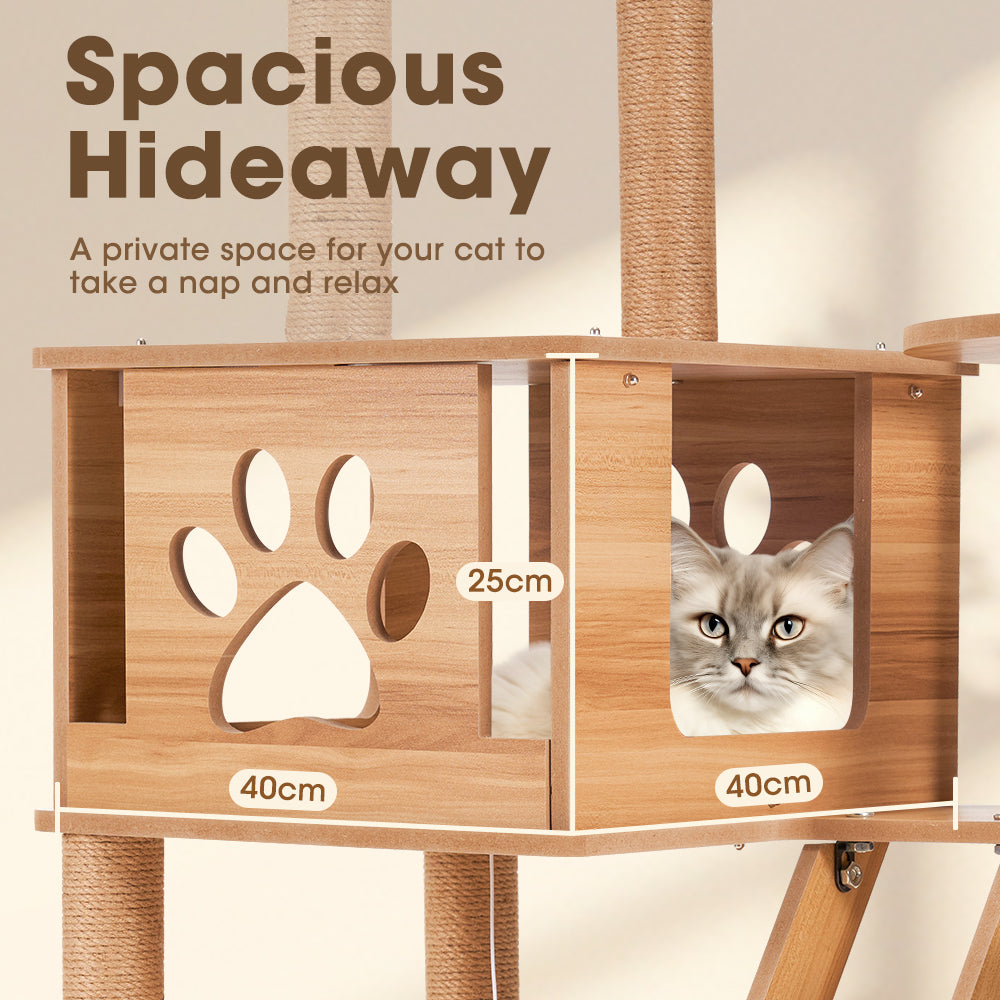Petzly Wooden Cat Tree Tower Scratching Post Scratcher Condo House Bed 143cm - Sunyee