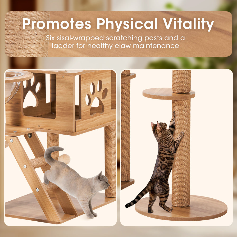 Petzly Wooden Cat Tree Tower Scratching Post Scratcher Condo House Bed 143cm - Sunyee