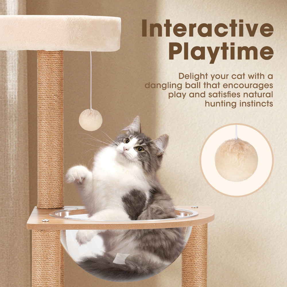 Petzly Wooden Cat Tree Tower Scratching Post Scratcher Condo House Bed 143cm - Sunyee