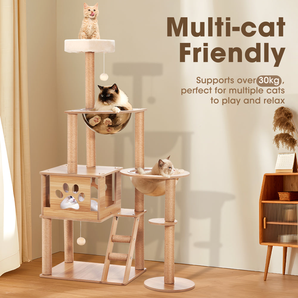 Petzly Wooden Cat Tree Tower Scratching Post Scratcher Condo House Bed 143/150cm - Sunyee