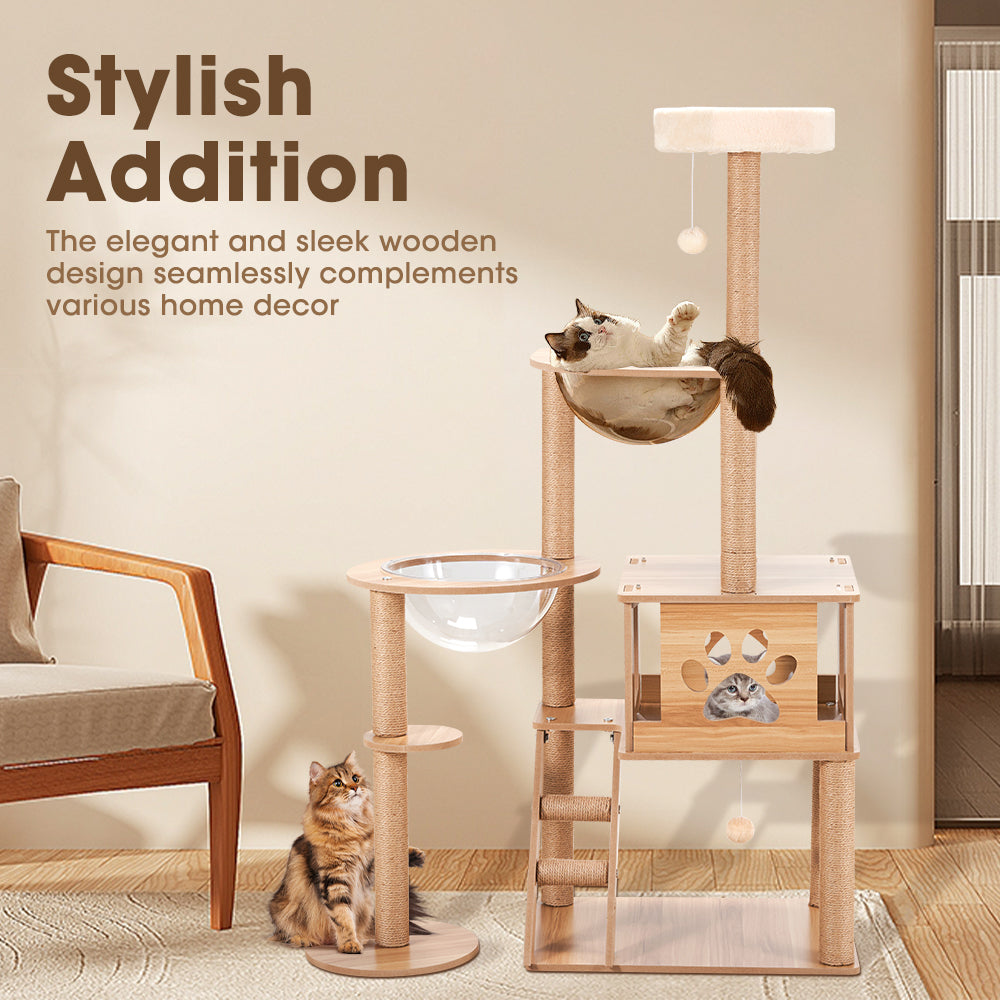Petzly Wooden Cat Tree Tower Scratching Post Scratcher Condo House Bed 143/150cm - Sunyee
