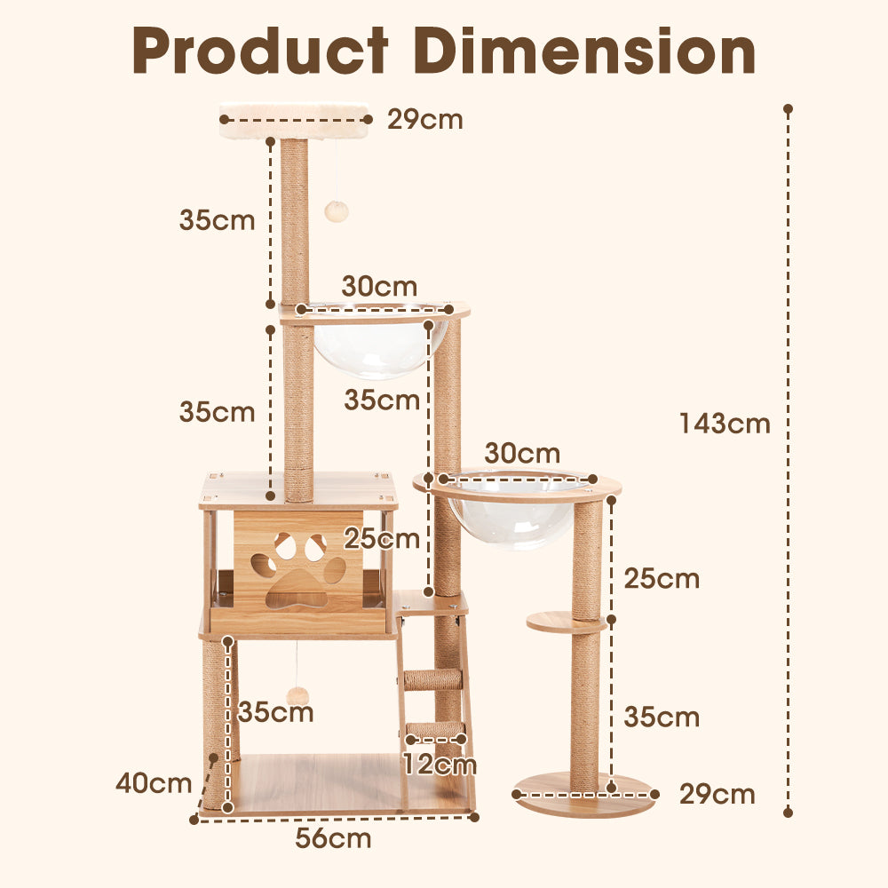 Petzly Wooden Cat Tree Tower Scratching Post Scratcher Condo House Bed 143cm - Sunyee