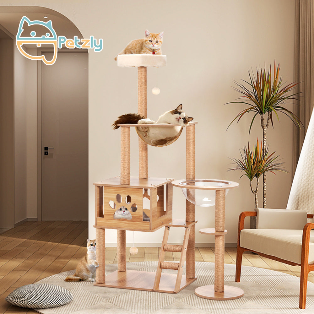 Petzly Wooden Cat Tree Tower Scratching Post Scratcher Condo House Bed 143/150cm - Sunyee