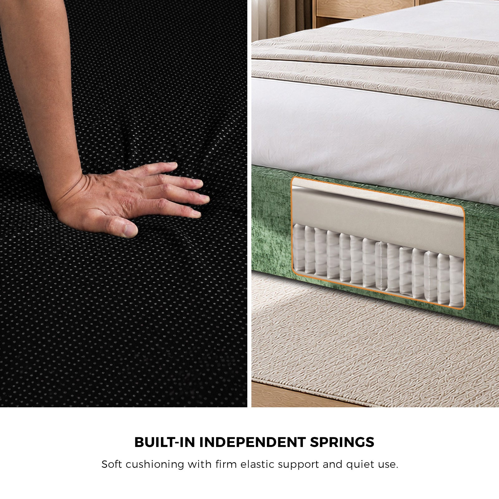 Oikiture Queen Compressed Upholstered Bed Frame with Headboard Chenille Green