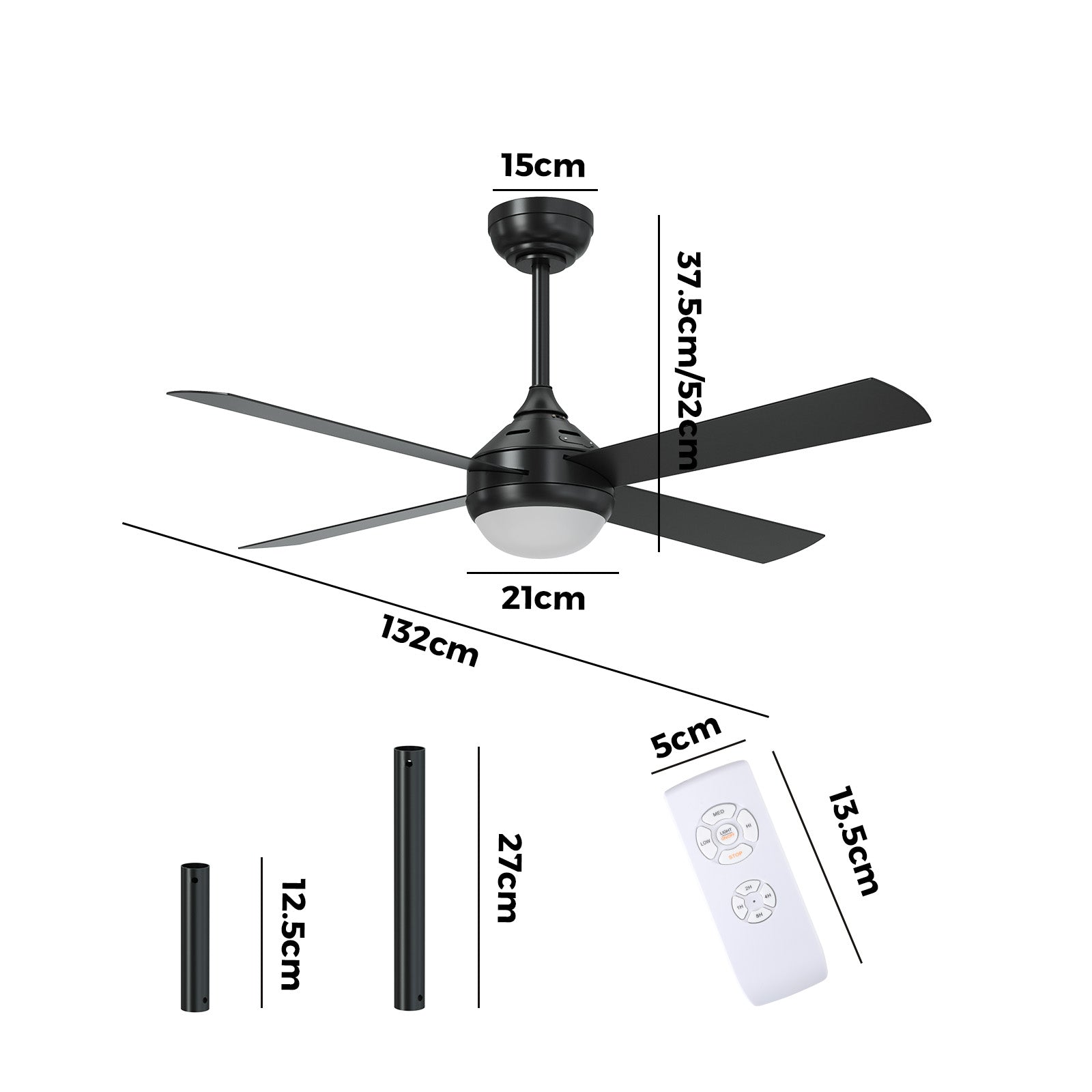 Vevare 52'' Ceiling Fan AC Motor With Light Remote Control Fans 4 Blades Black - Sunyee
