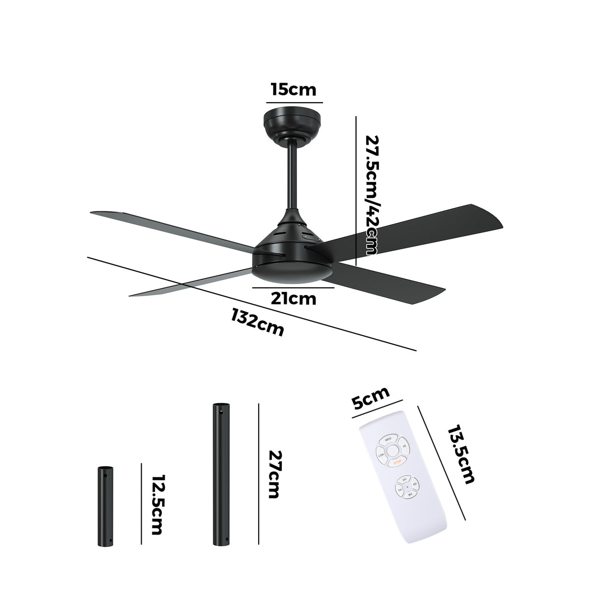 Vevare 52'' Ceiling Fan AC Motor with Remote Control Timer 4 Blades Fans Black - Sunyee