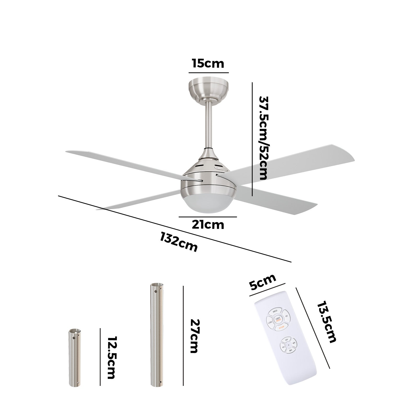 Vevare 52'' Ceiling Fan AC Motor With Light Remote Control Fans 4 Blades Silver - Sunyee