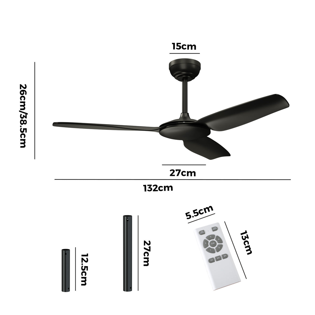 Vevare 52'' Ceiling Fan DC Motor 3 ABS Blades with Remote Control Timer Black - Sunyee