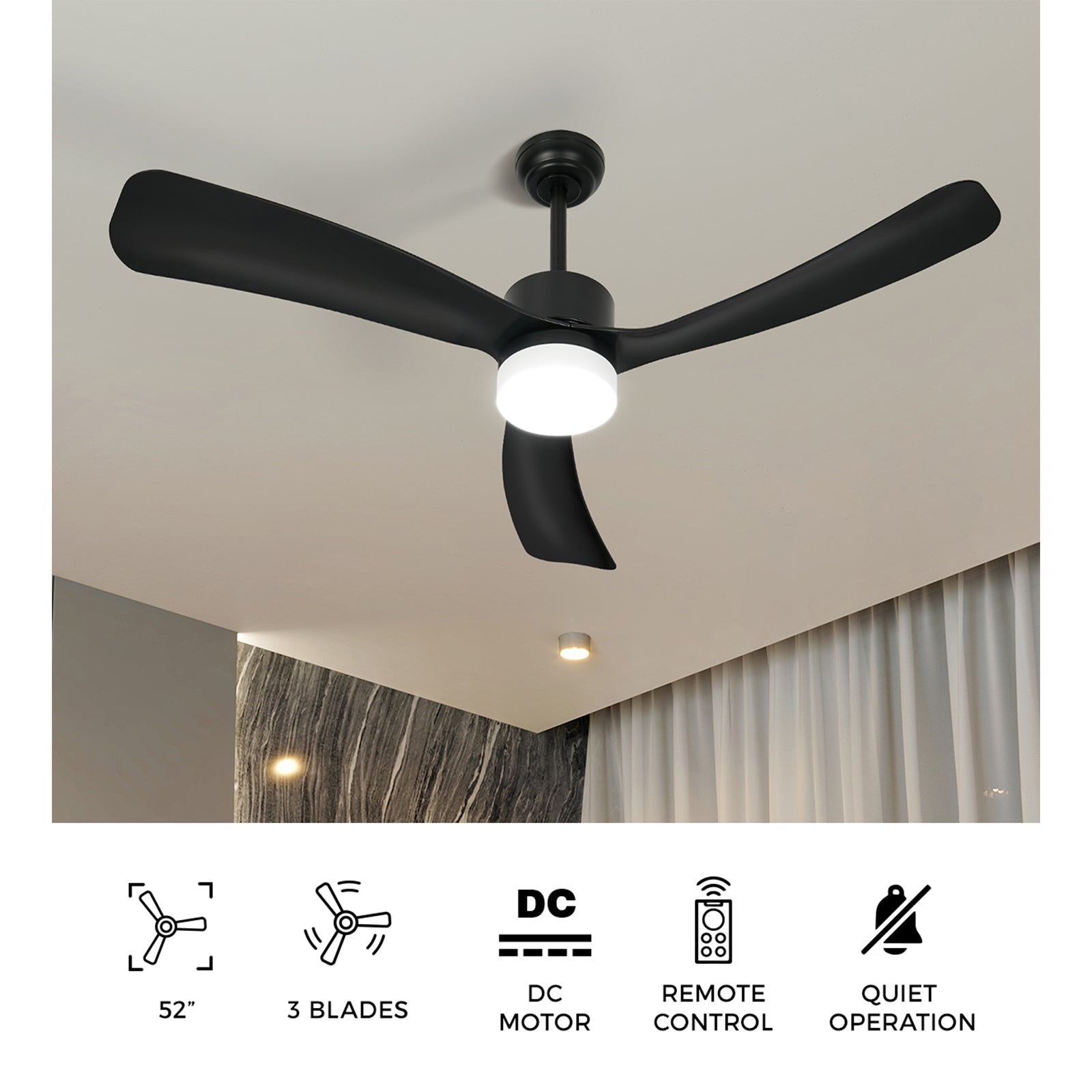 Vevare 52" Ceiling Fan With LED Light DC Motor 5 Speed Fans Remote Control Black - Sunyee